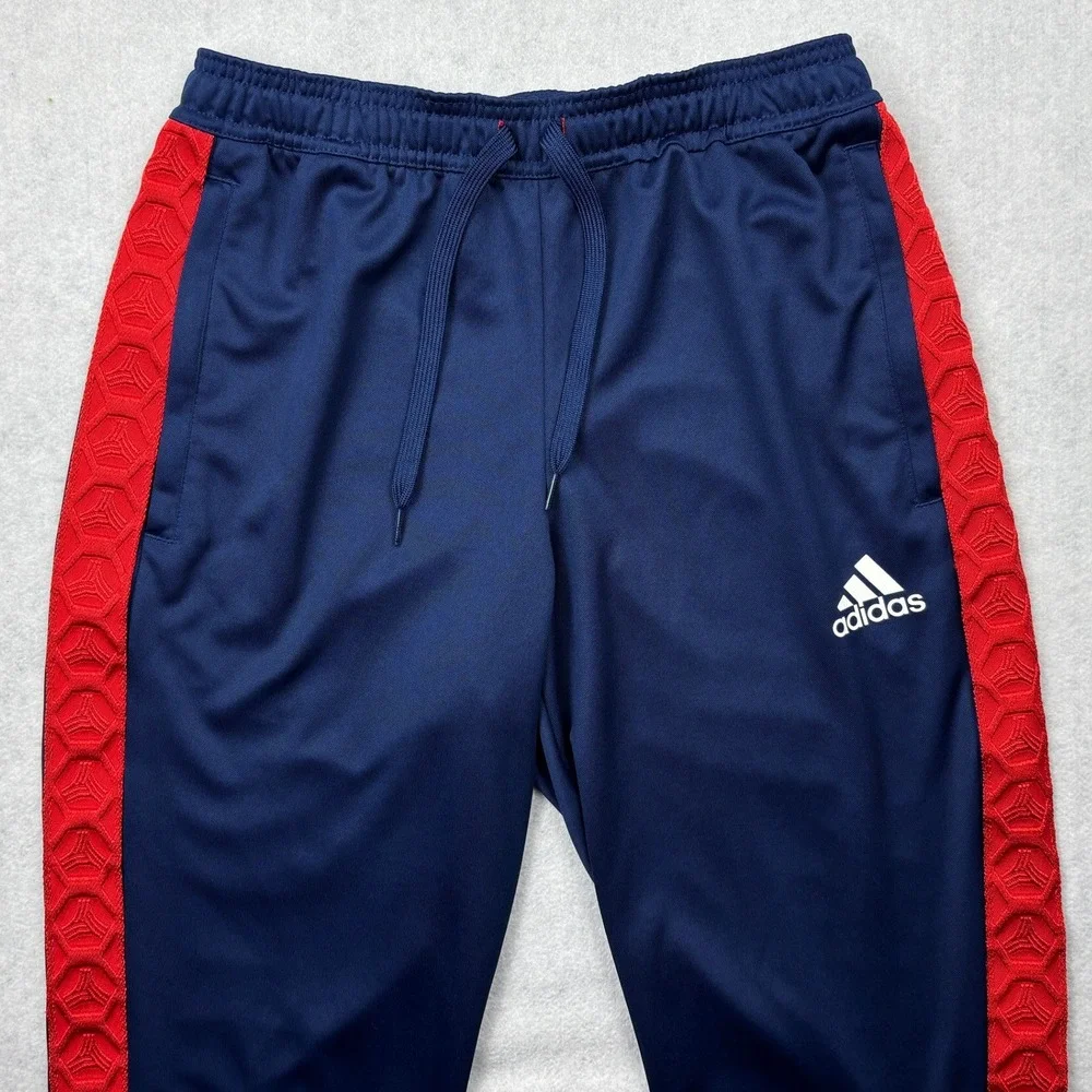 Adidas Mens Small Navy Blue Red Textured Side Stripe Soccer Track Pants FM0894